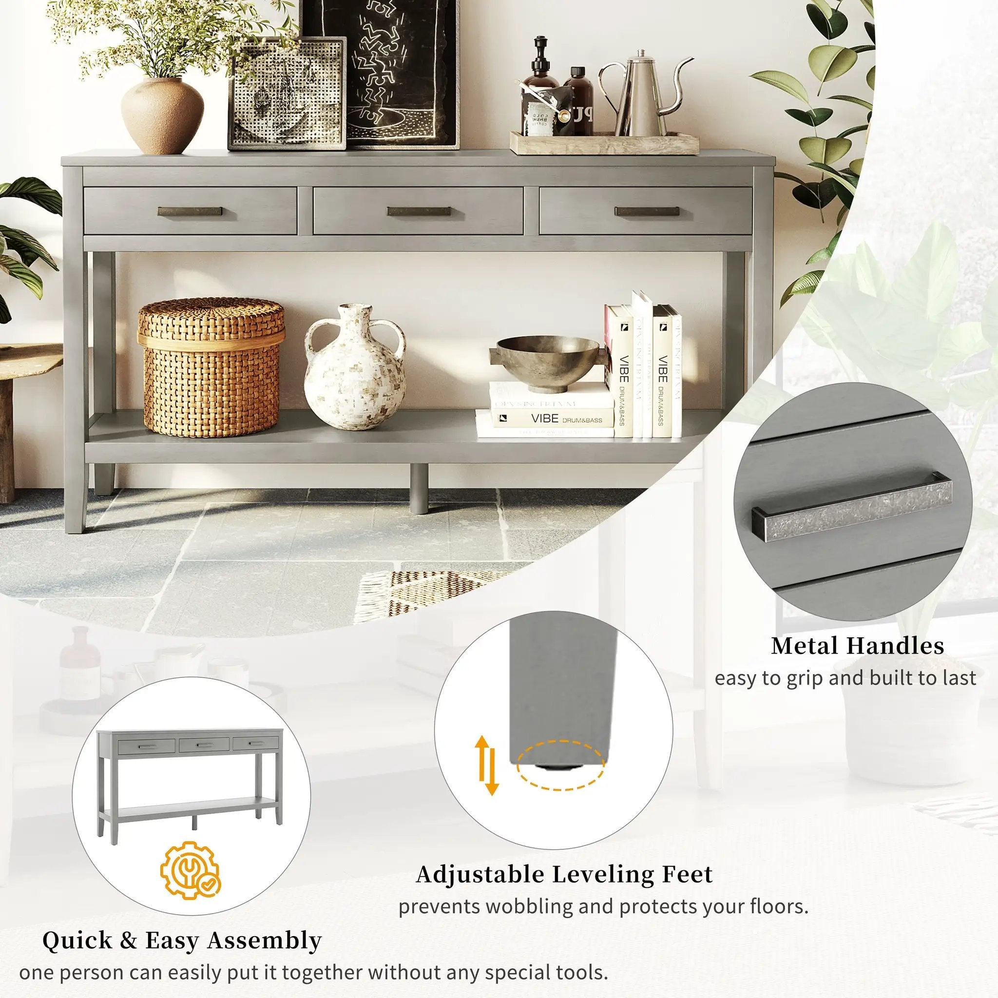 U_STYLE 59.1'' Farmhouse Entryway Table with 3 Drawers by HouseOfZazla