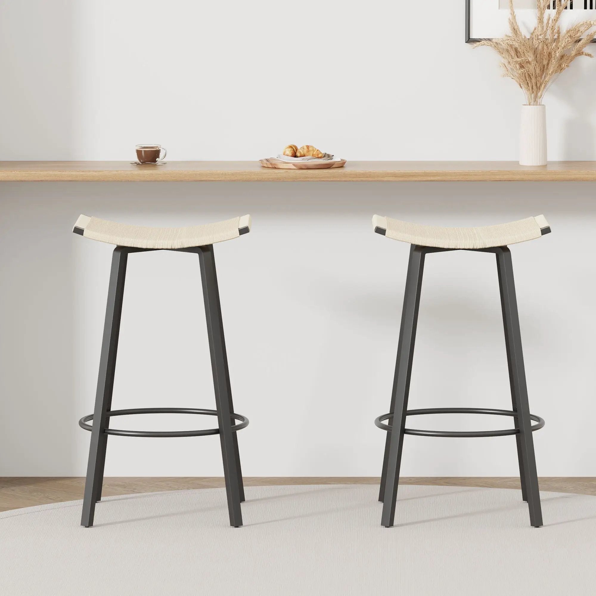 Counter Height Bar Stools Backless Handwoven Kitchen Dining Chairs With Round Footrest (Set of 2) Weaving Pub Stoo - Creamy White by Unique Piece Furniture