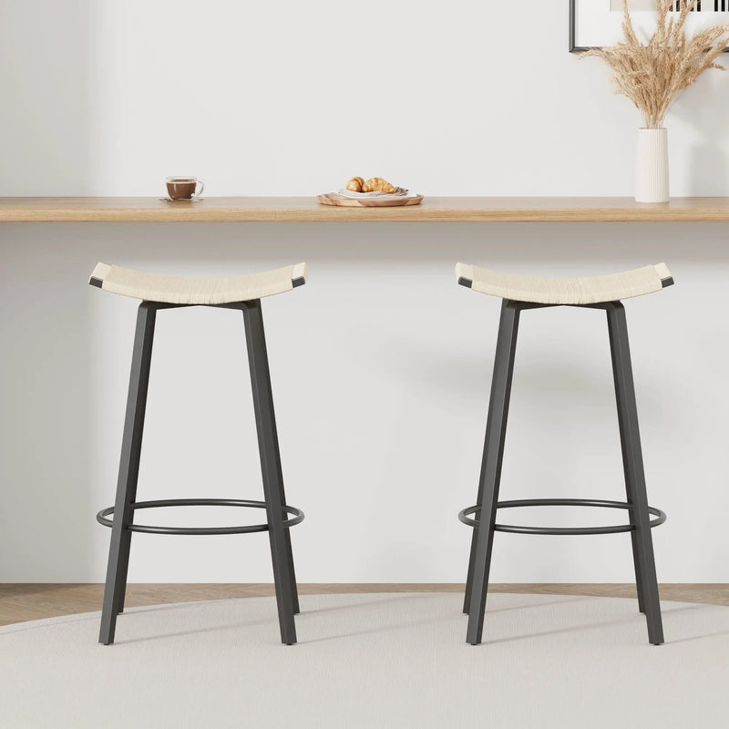 Counter Height Bar Stools Backless Handwoven Kitchen Dining Chairs With Round Footrest (Set of 2) Weaving Pub Stoo - Creamy White by Unique Piece Furniture