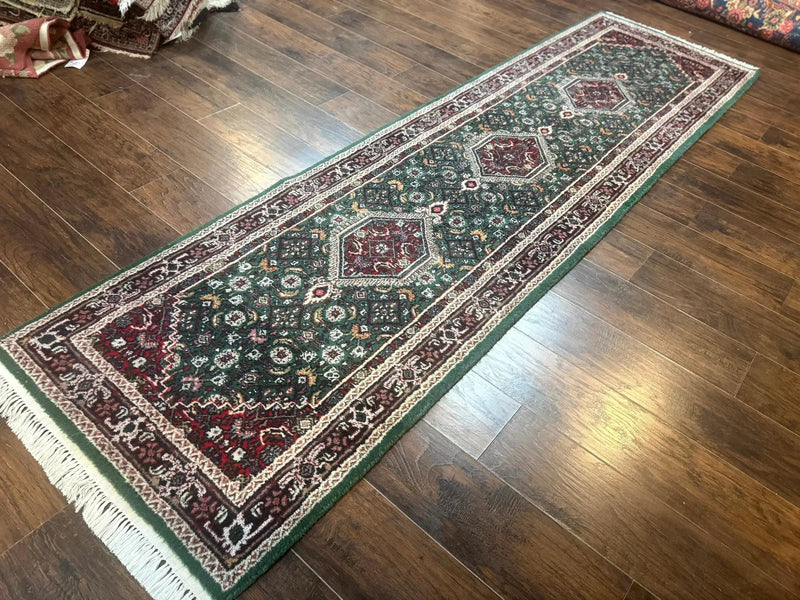 Green Indo Persian Bidjar Runner Rug 3x10, Green and Red by Jewel Rugs