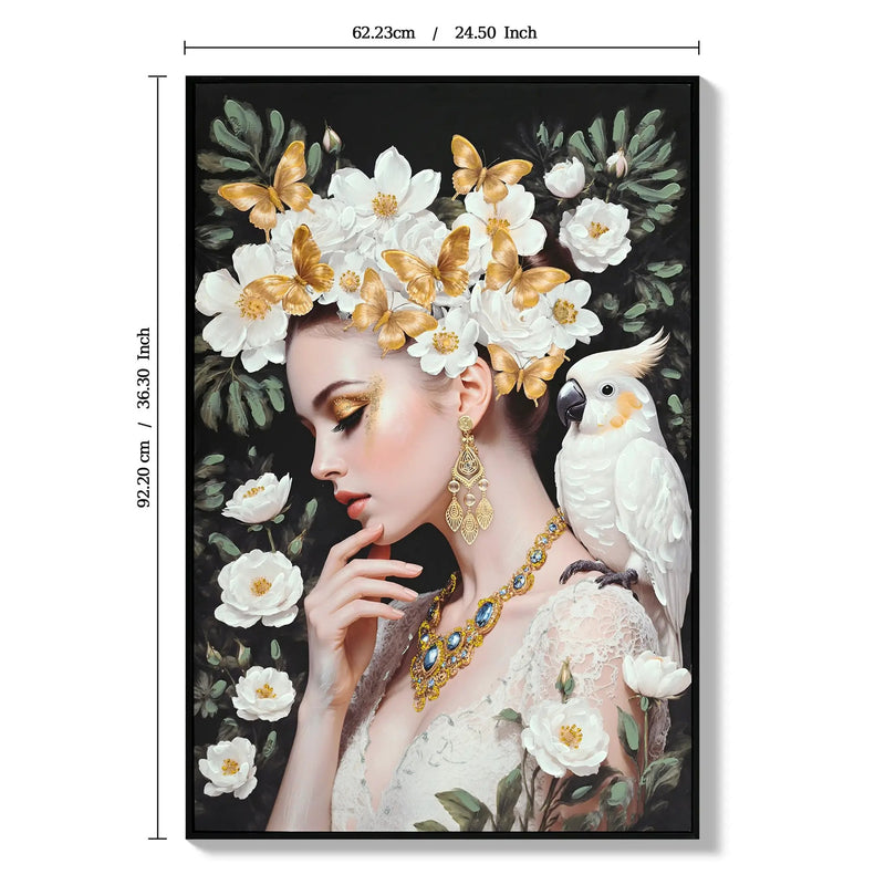 Beauty Lady Wall Art Gold and White Floral Canvas 24x36 Inch by HouseOfZazla