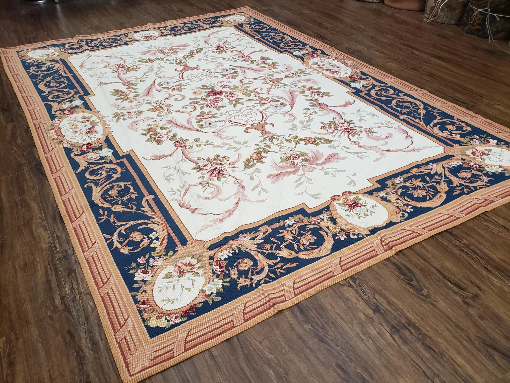 Chinese Aubusson Savonnerie Area Rug 6x8, Vintage Hand-Woven Needlepoint Rug, Flat Weave Handmade Wool Carpet Living Room Ivory & Navy Blue by Jewel Rugs