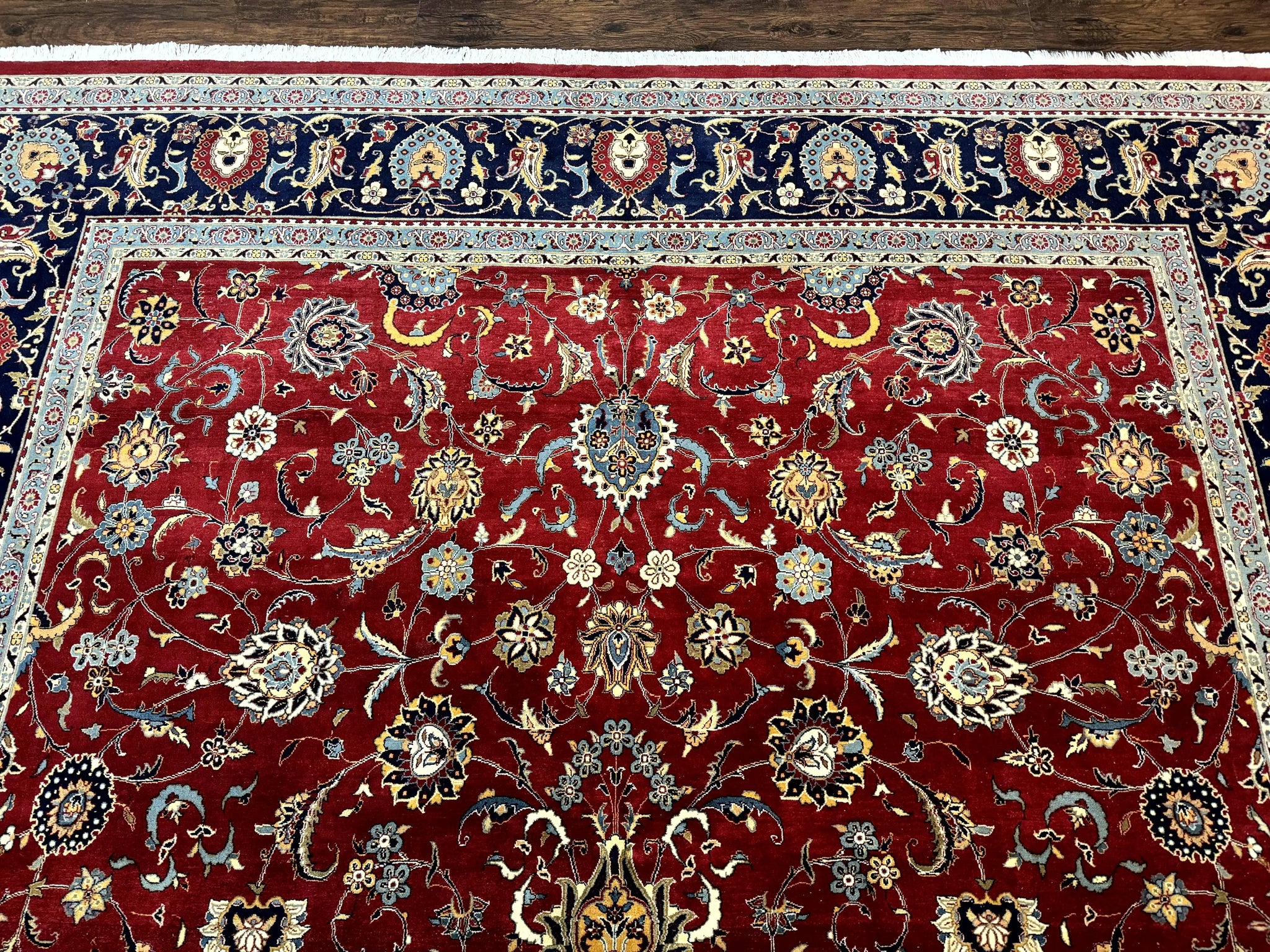 Pak Persian Rug 9x12, Red and Navy Blue, Floral Allover, Hand Knotted Vintage Wool Carpet, Fine 260 KPSI by Jewel Rugs