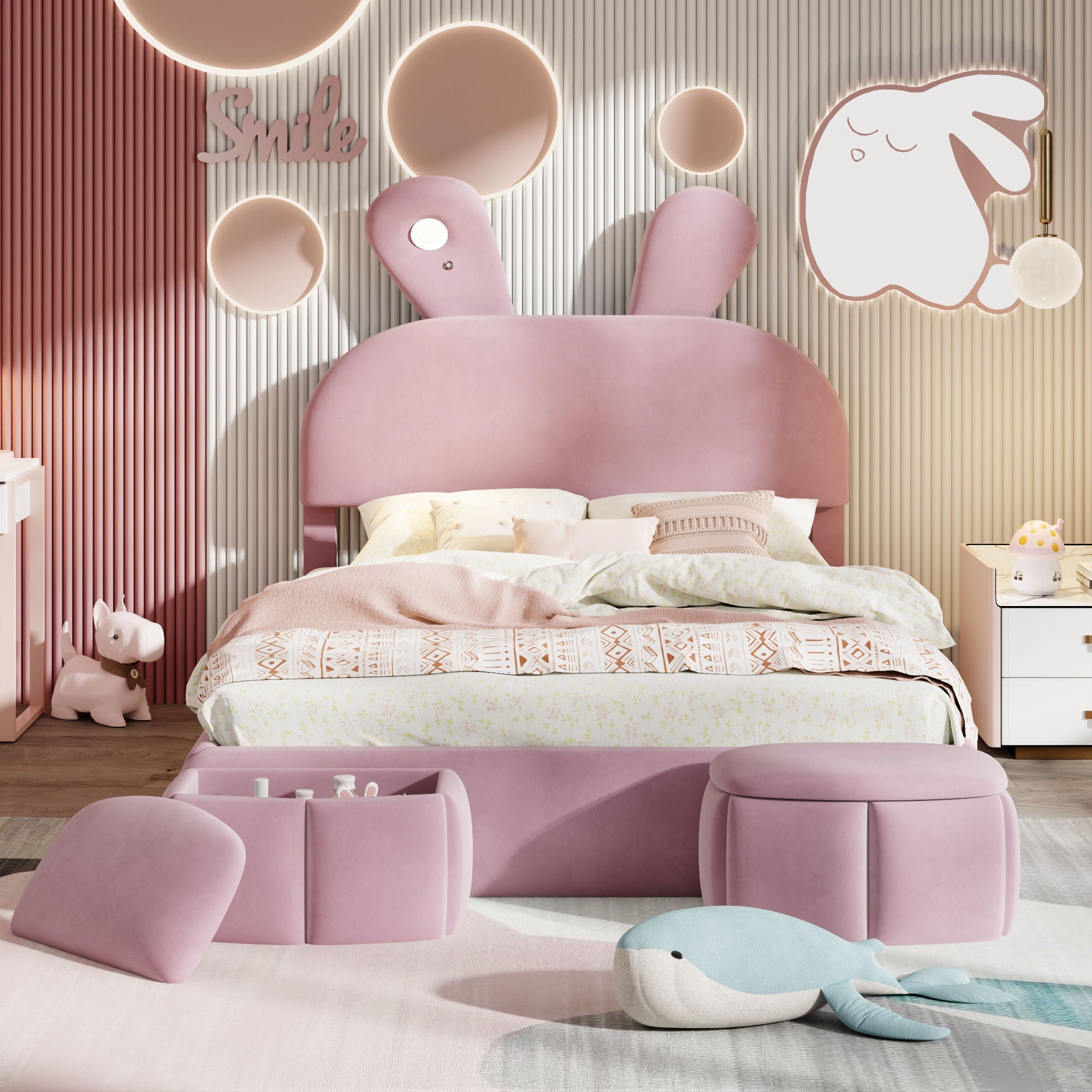 Full Upholstered Platform Bed With Cartoon Ears Headboard And LED Light - Pink by HouseOfZazla