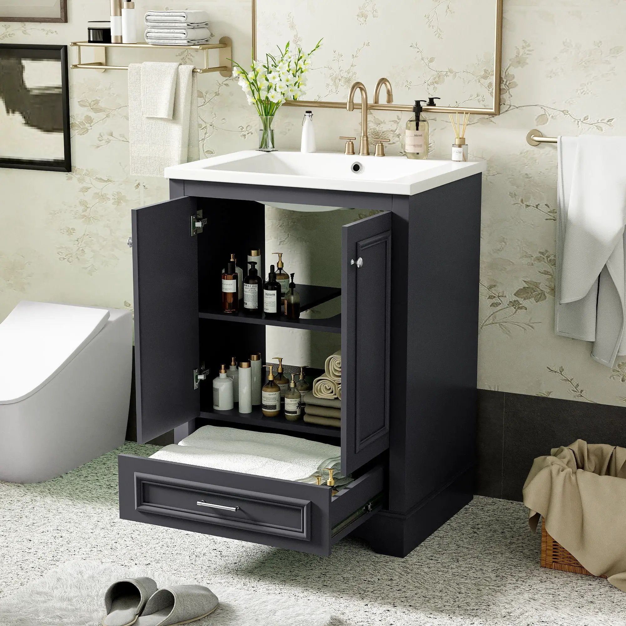 Bathroom Vanity With Ceramic Sink Combo, Modern Freestanding Storage Cabinet With Silver Handles by Unique Piece Furniture