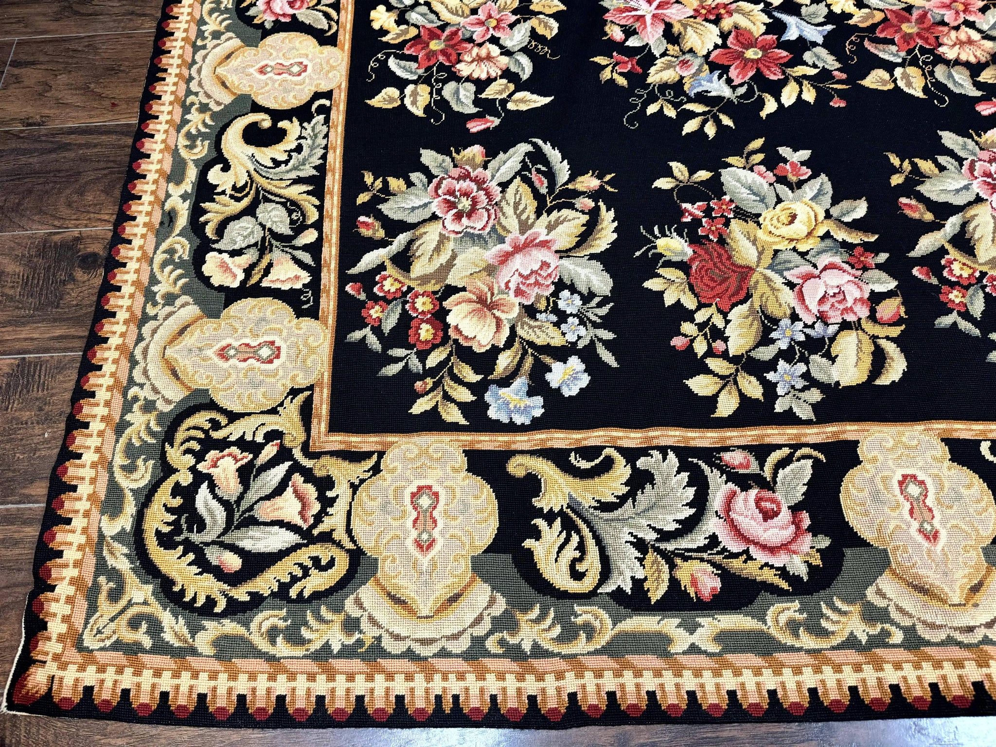 Palace Size Needlepoint Rug 12x16, Black and Colorful, Floral Panel, Handmade Oversized Wool Needlepoint Carpet, Rare by Jewel Rugs