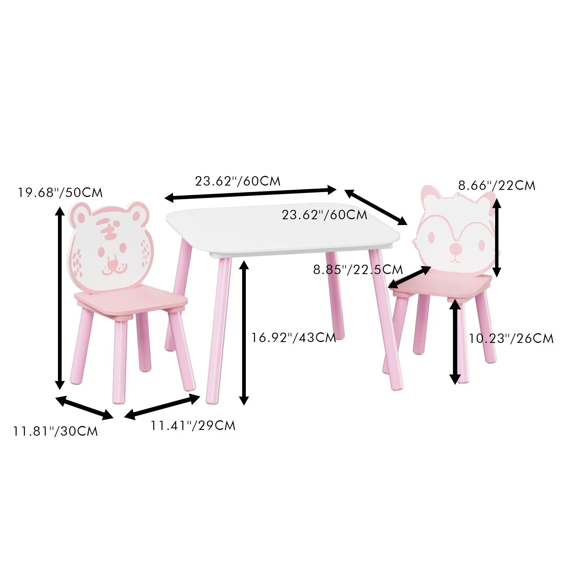 Table And Chair Set, 3 Piece Wooden Toddler Desk With Animal Backrest - Pink / White by Unique Piece Furniture