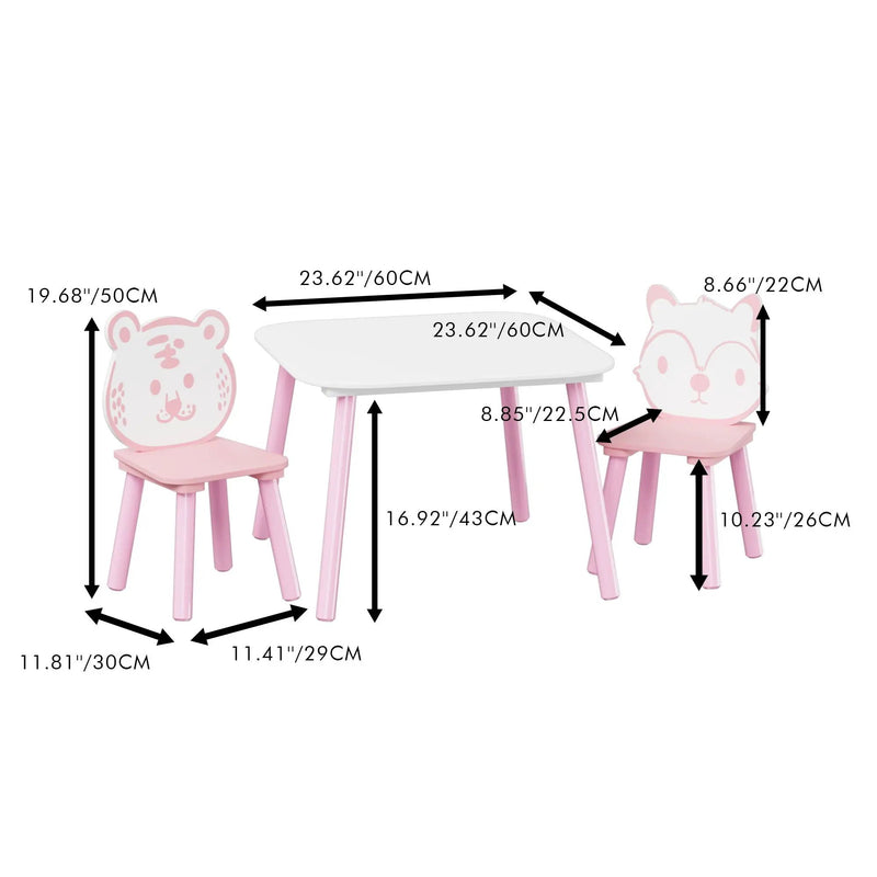 Table And Chair Set, 3 Piece Wooden Toddler Desk With Animal Backrest - Pink / White by Unique Piece Furniture