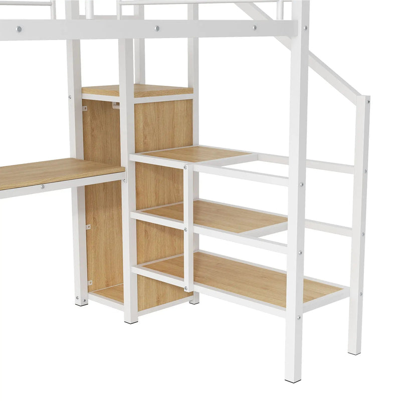 Loft Bed With Desk, Storage Staircase, Small Wardrobe And LED Light