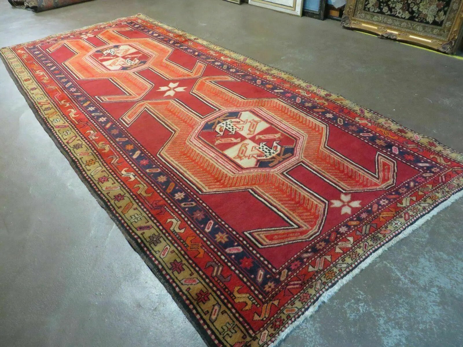 4' 10" X 11' Antique Handmade Turkish Kazak Wool Rug SHIELD Hand Knotted Red by Jewel Rugs