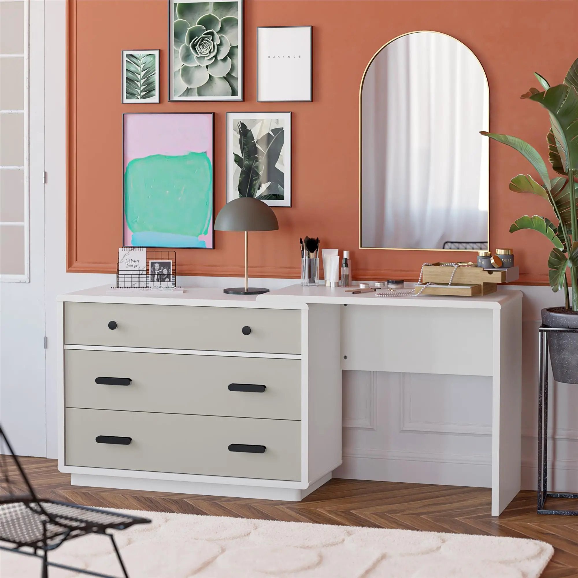Valencia - 3 Drawer Dresser And Desk - Taupe by HouseOfZazla