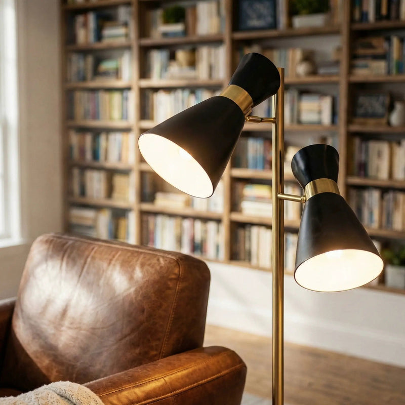 Axis - Floor Lamp With 4 Way Switch Double Spots With Base - Black / Gold by Unique Piece Furniture
