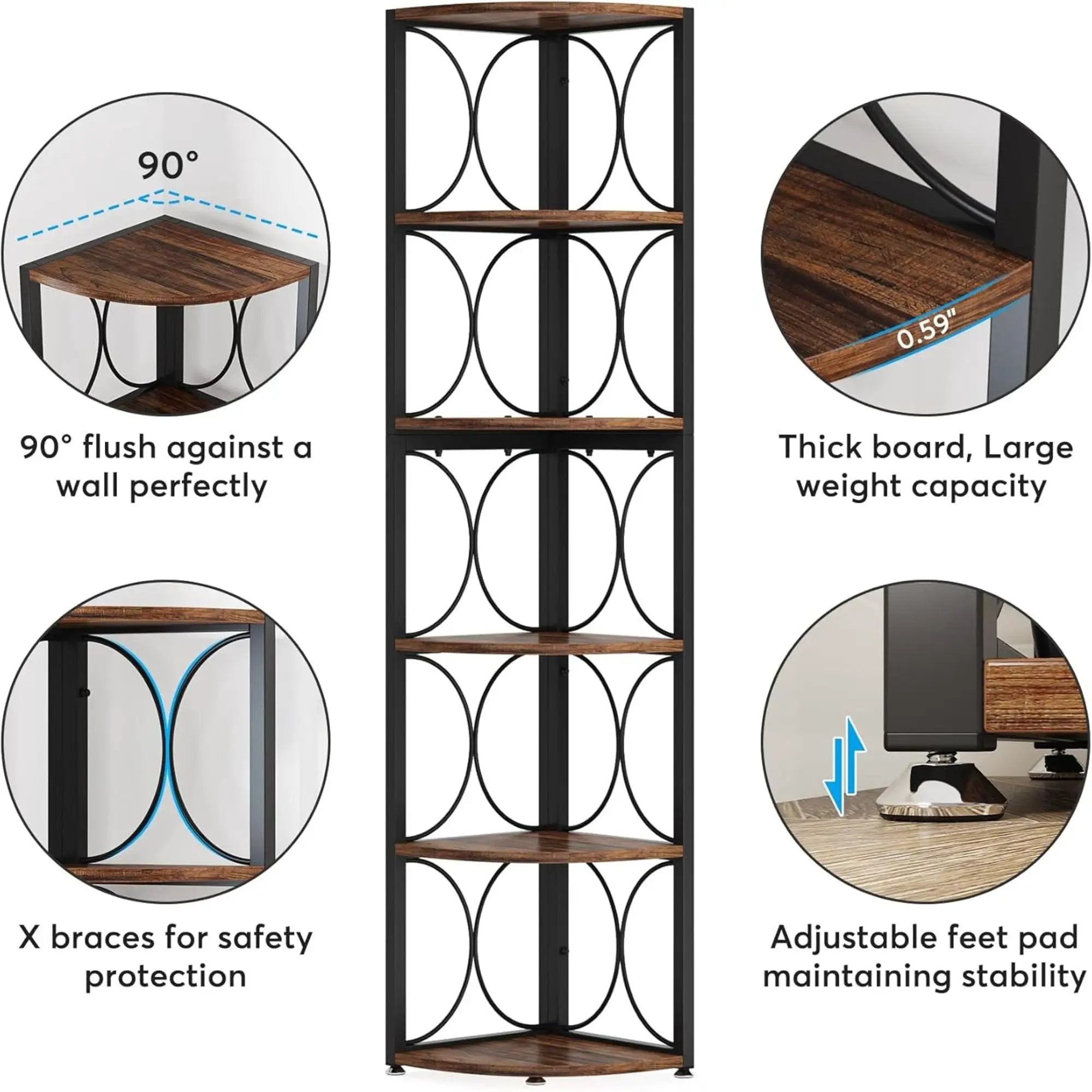 Tall 6 Tier Corner Bookshelf Storage Rack For Living Room - Rustic Brown by HouseOfZazla