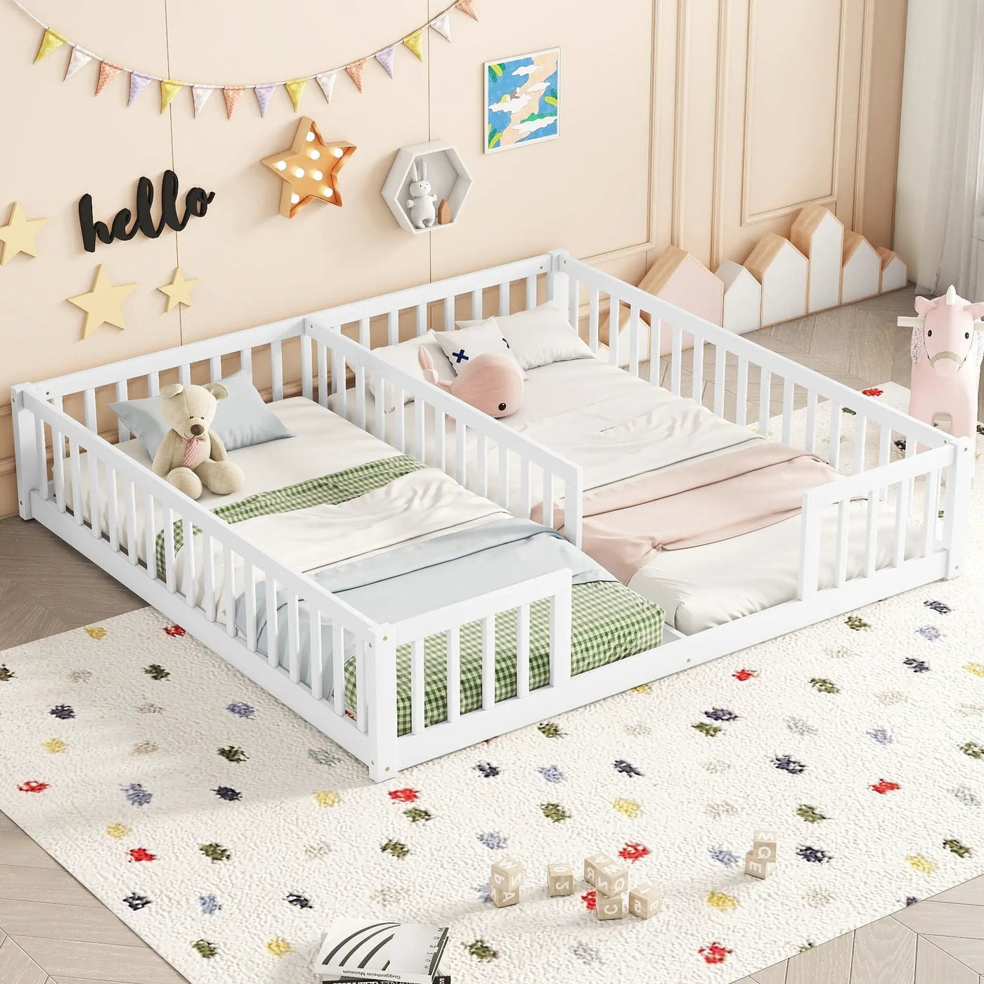 Double Floor Bed With Fence, Guardrails, Without Door by Unique Piece Furniture