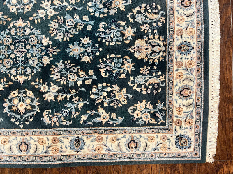 Green Indo Persian Rug 4x6, Floral Allover, Handmade Vintage Oriental Carpet, Sarouk Rug, Wool by Jewel Rugs