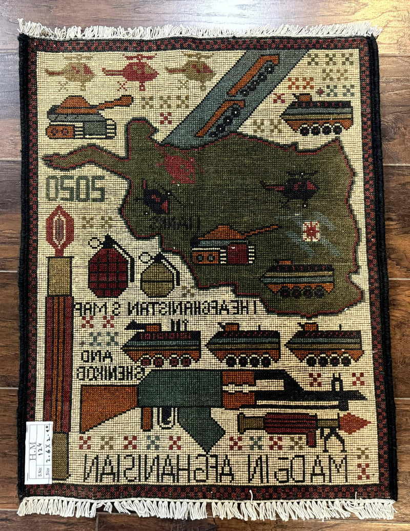 Afghan War Rug, Tanks Helicopters Guns by Jewel Rugs