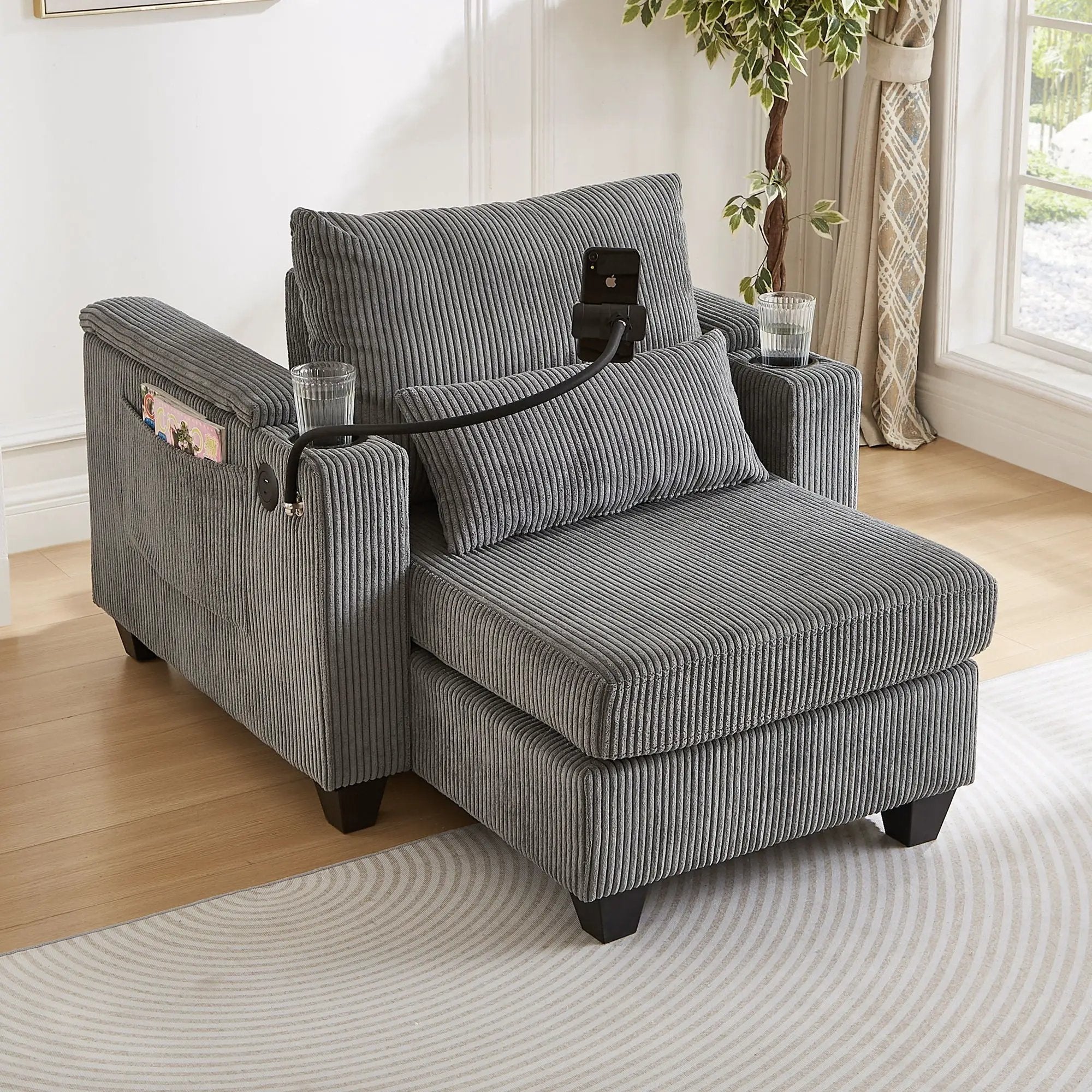 Convertible Chaise Lounge Sofa Chair With USB Ports, Cup Holders, Phone Holder And Storage by Unique Piece Furniture