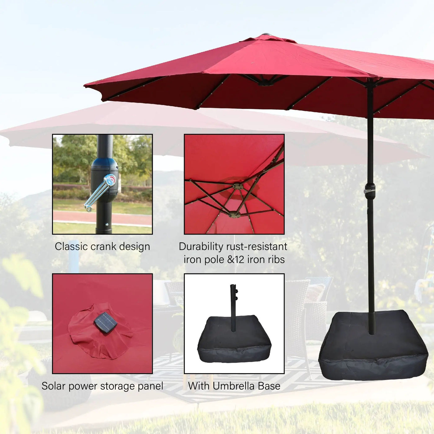 Double- Sided Outdoor Market Umbrella With Lights And Base by Unique Piece Furniture