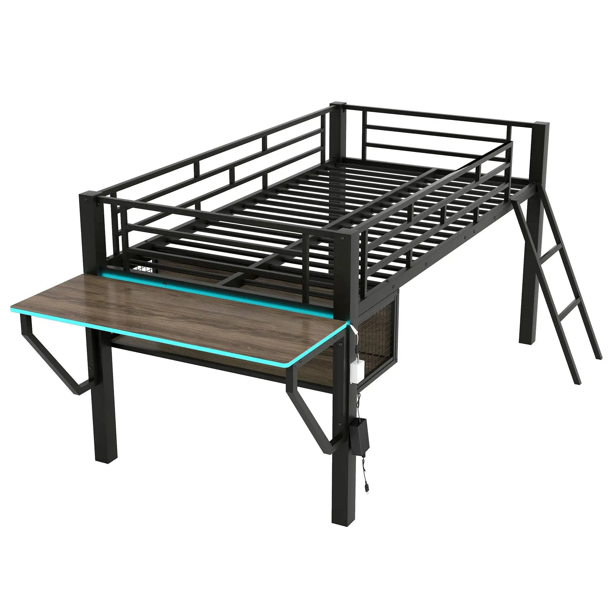 Gaming - Twin Loft Bed With Desk And LED - Black by HouseOfZazla