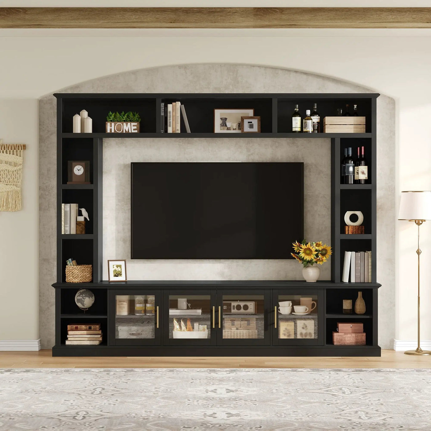 All-In-One Entertainment Center With Bookshelves & Tempered Glass Doors, TV Console Unit For Living Room by Unique Piece Furniture