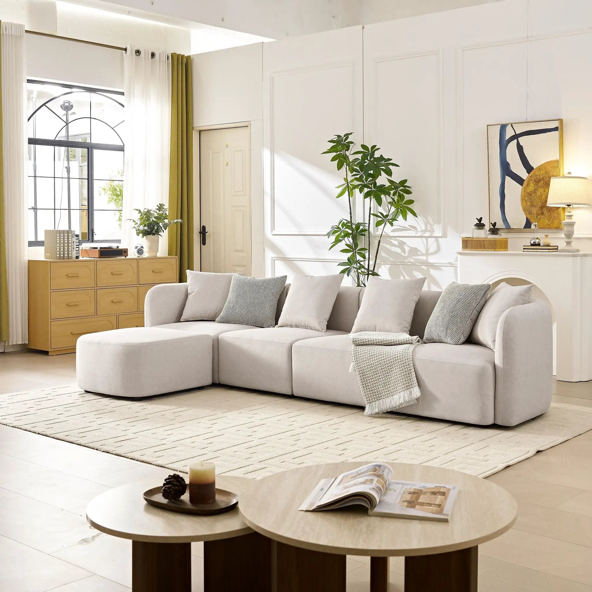 L-Shaped Modular Sectional Sofa With Ottoman, Living Room Furniture Set - Beige by HouseOfZazla