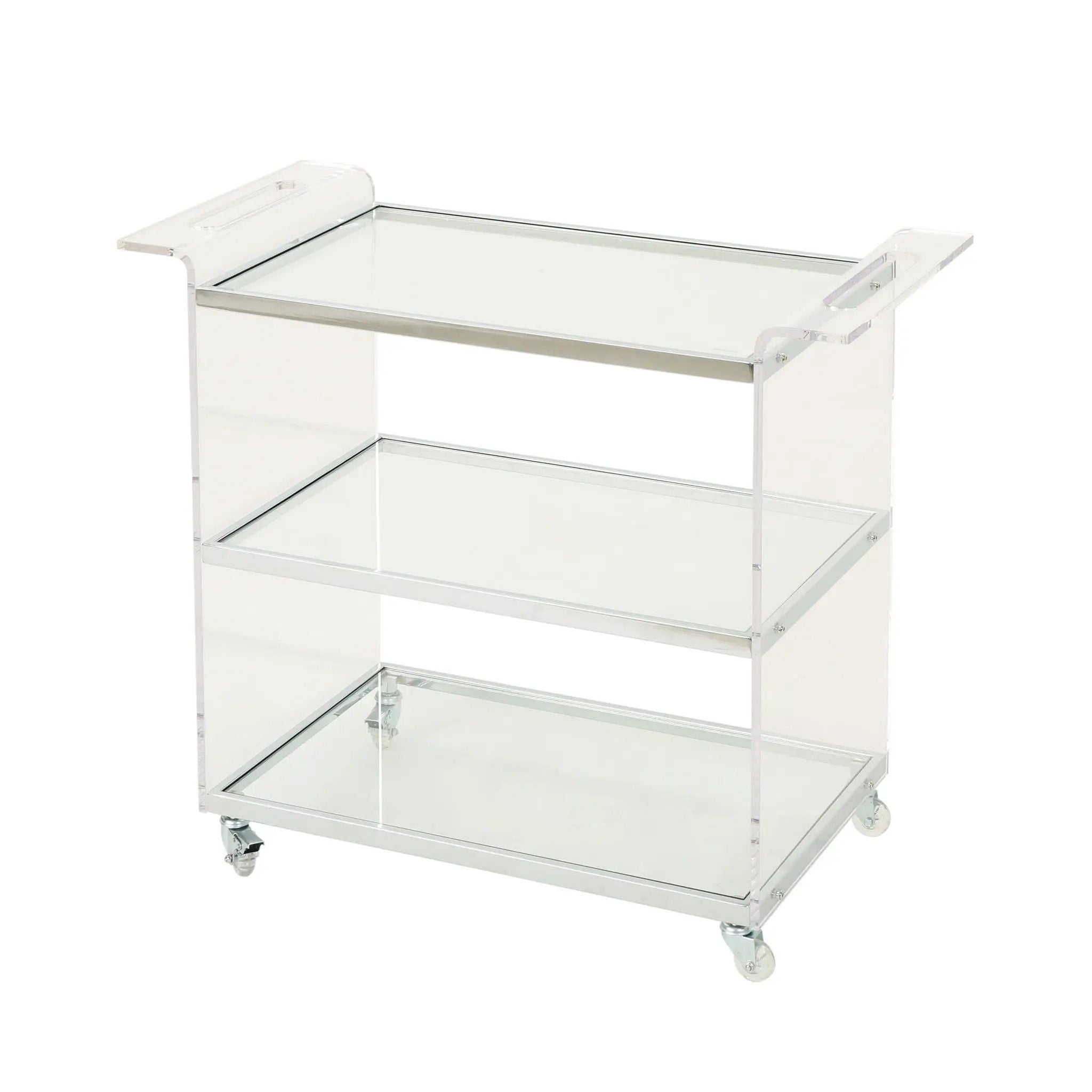 Elegant Acrylic Bar Cart With Tempered Glass Shelves And Rattan Metal Frame - Clear by HouseOfZazla
