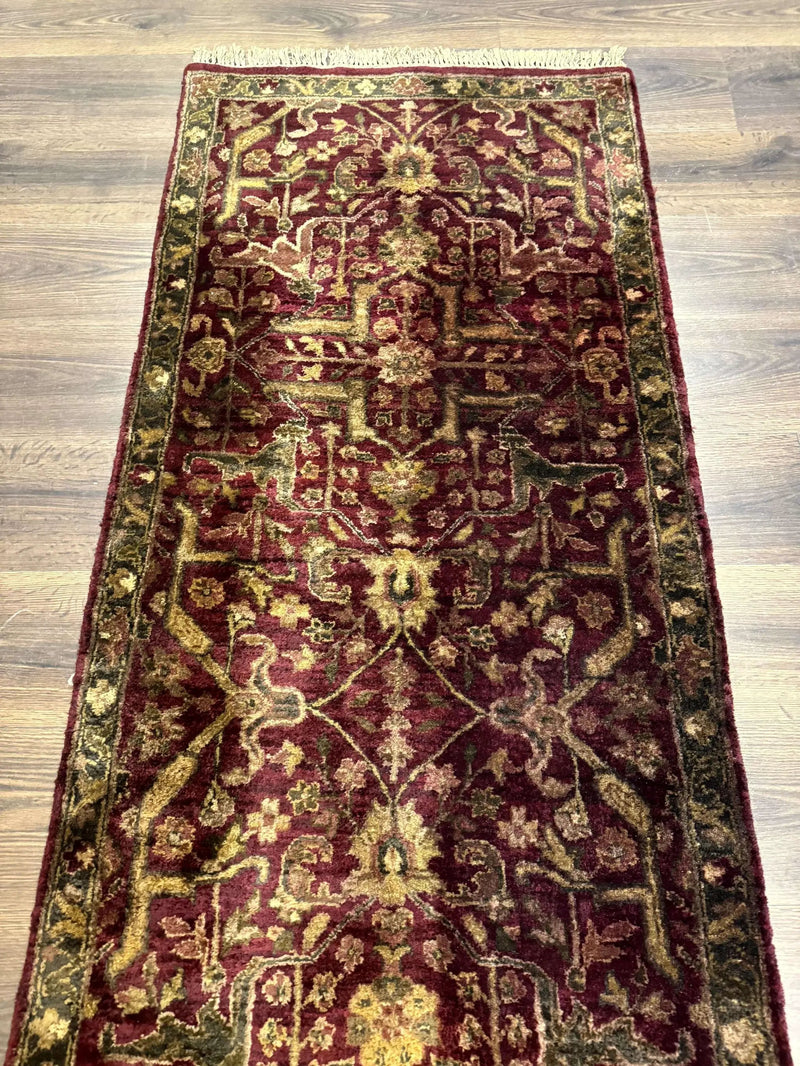 Indo Persian Runner Rug 2.7 x 13.8, Maroon, Wool, Handmade Indian Rug for Hallway by Jewel Rugs