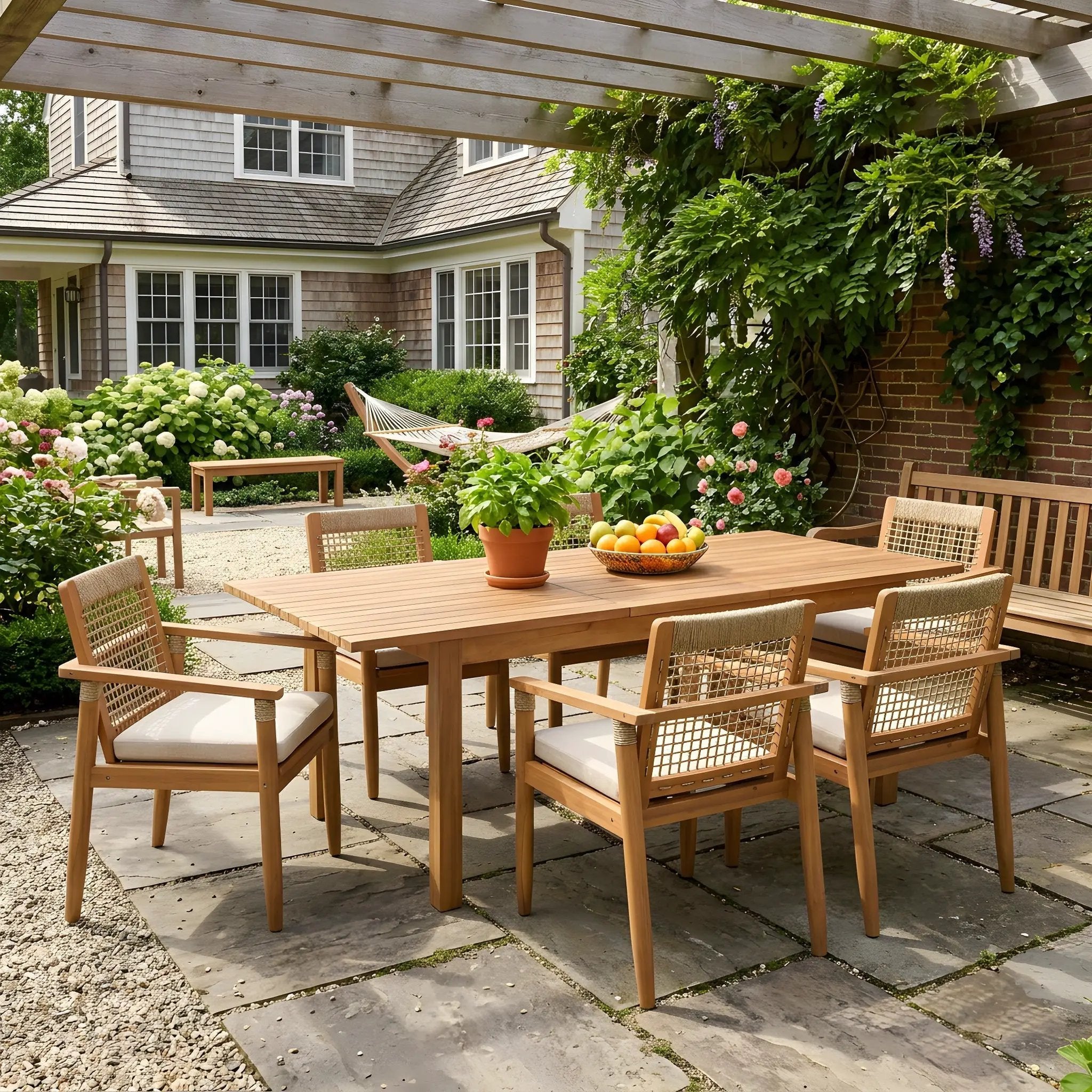 7 Pieces Acacia Wood Outdoor Dining Set with Cushions by HouseOfZazla