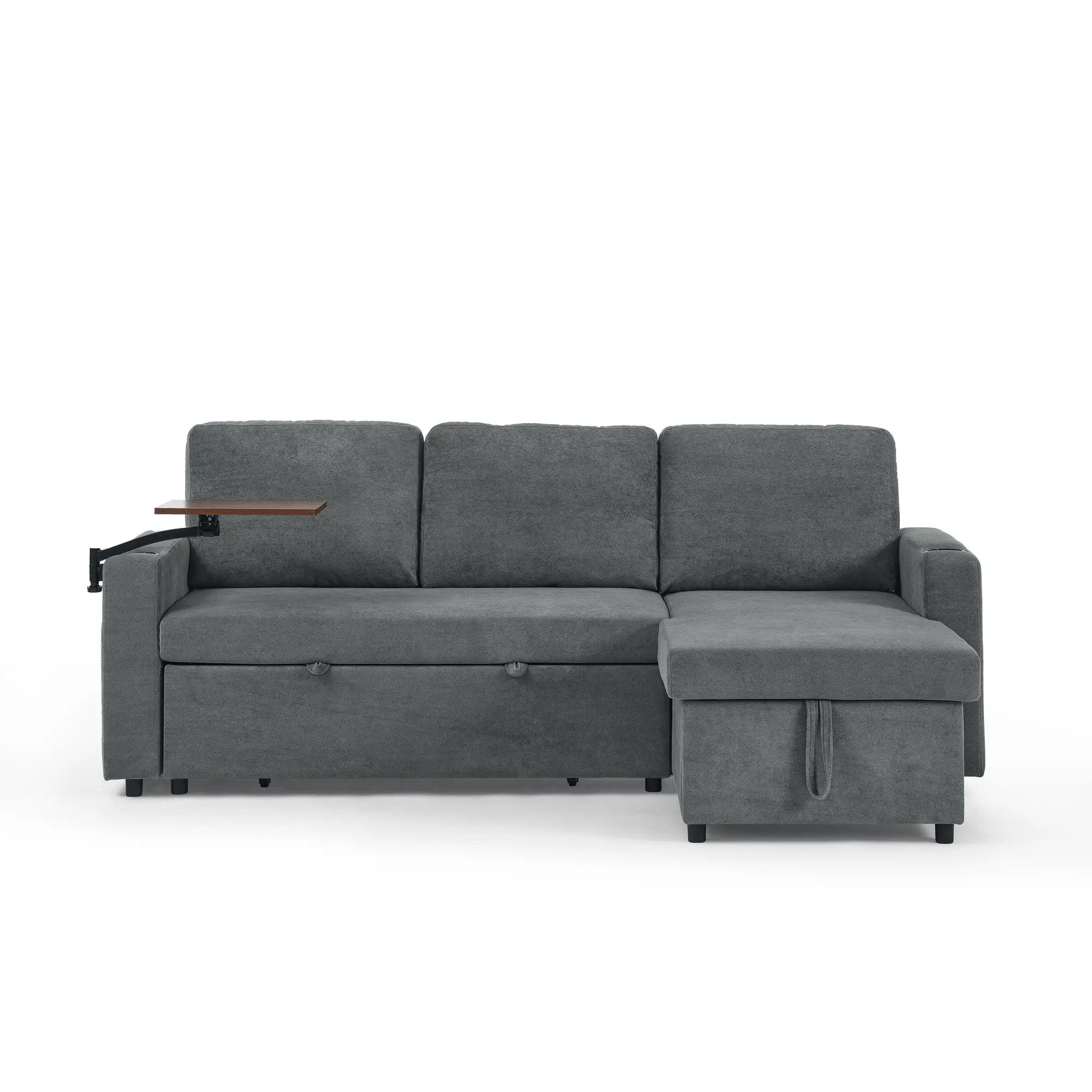Multi Functional Pull Out Bed Sofa With Retractable Table, LED Lighting, USB Charging Ports & Cup Holders by HouseOfZazla