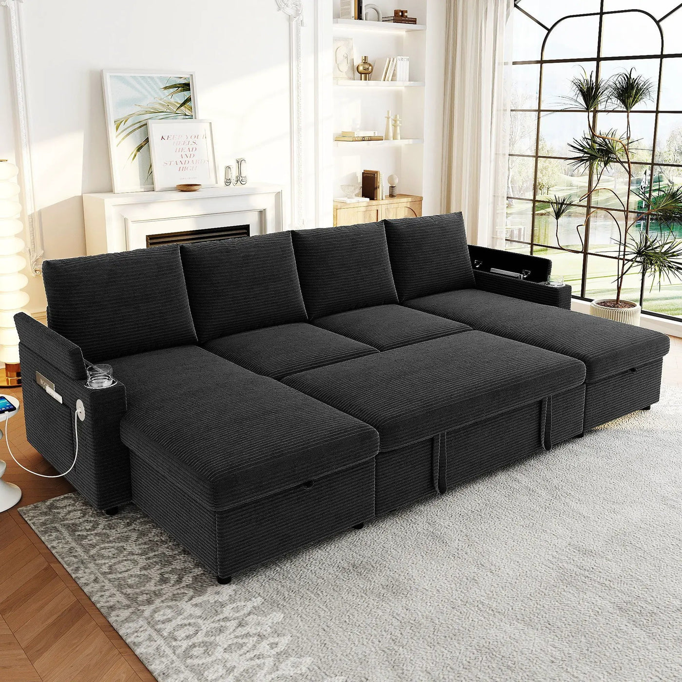 U Shaped Sectional Sofa Bed With Storage Chaise Lounges, USB Ports, And Cup Holders by Unique Piece Furniture