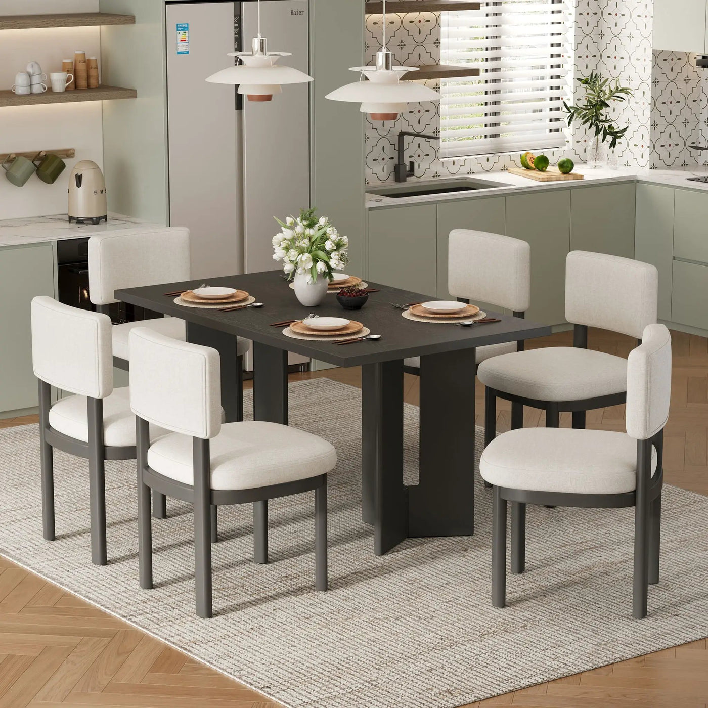 Dining Table Set With 6 Upholstered Chairs, Rectangular Table With Cutout Legs by Unique Piece Furniture
