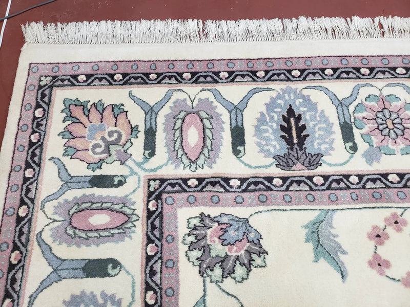 Ivory & Teal Indo Persian Area Rug 9x12, Wool Hand-Knotted Oriental Carpet, 9 x 12 Soft Traditional Living Room Rug, Dining Room Rug by Jewel Rugs