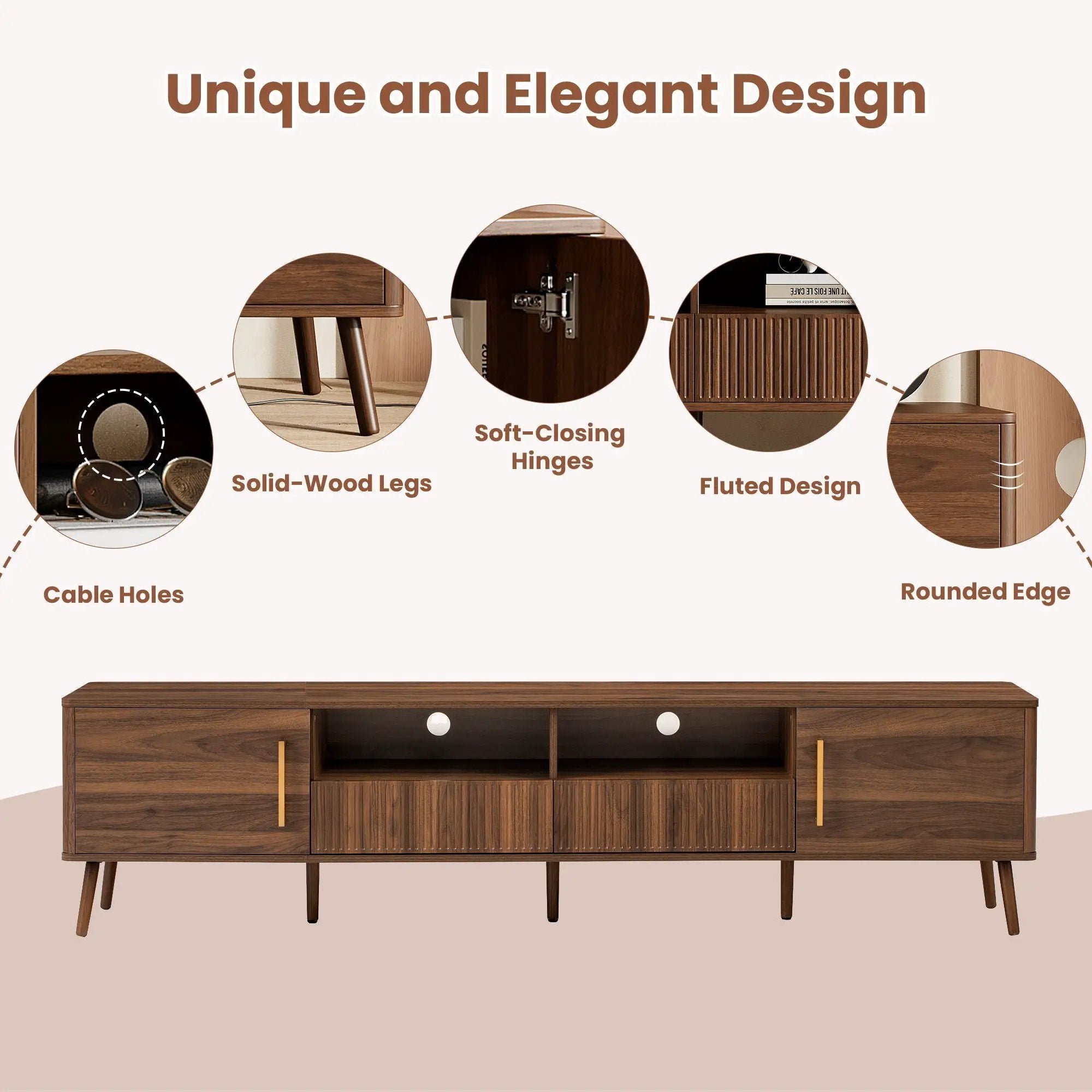 TV Stand For TVs Up To 85" With Soft-Close Doors, Open Shelf, Cable Management - Walnut by HouseOfZazla