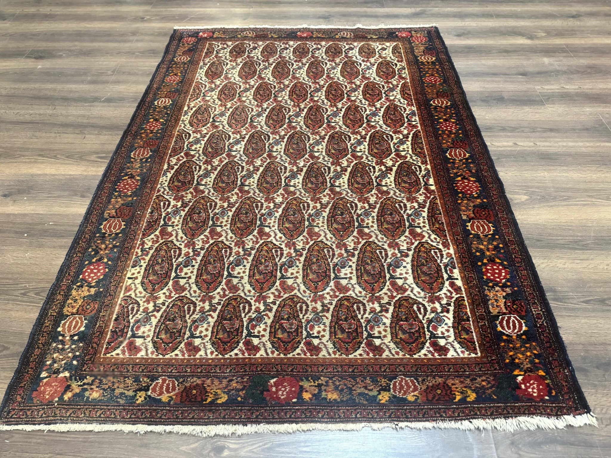 Antique Persian Kurdish Senneh Rug 4.6 x 6.5, Repeated Paisely Boteh Design, Handmade by Jewel Rugs