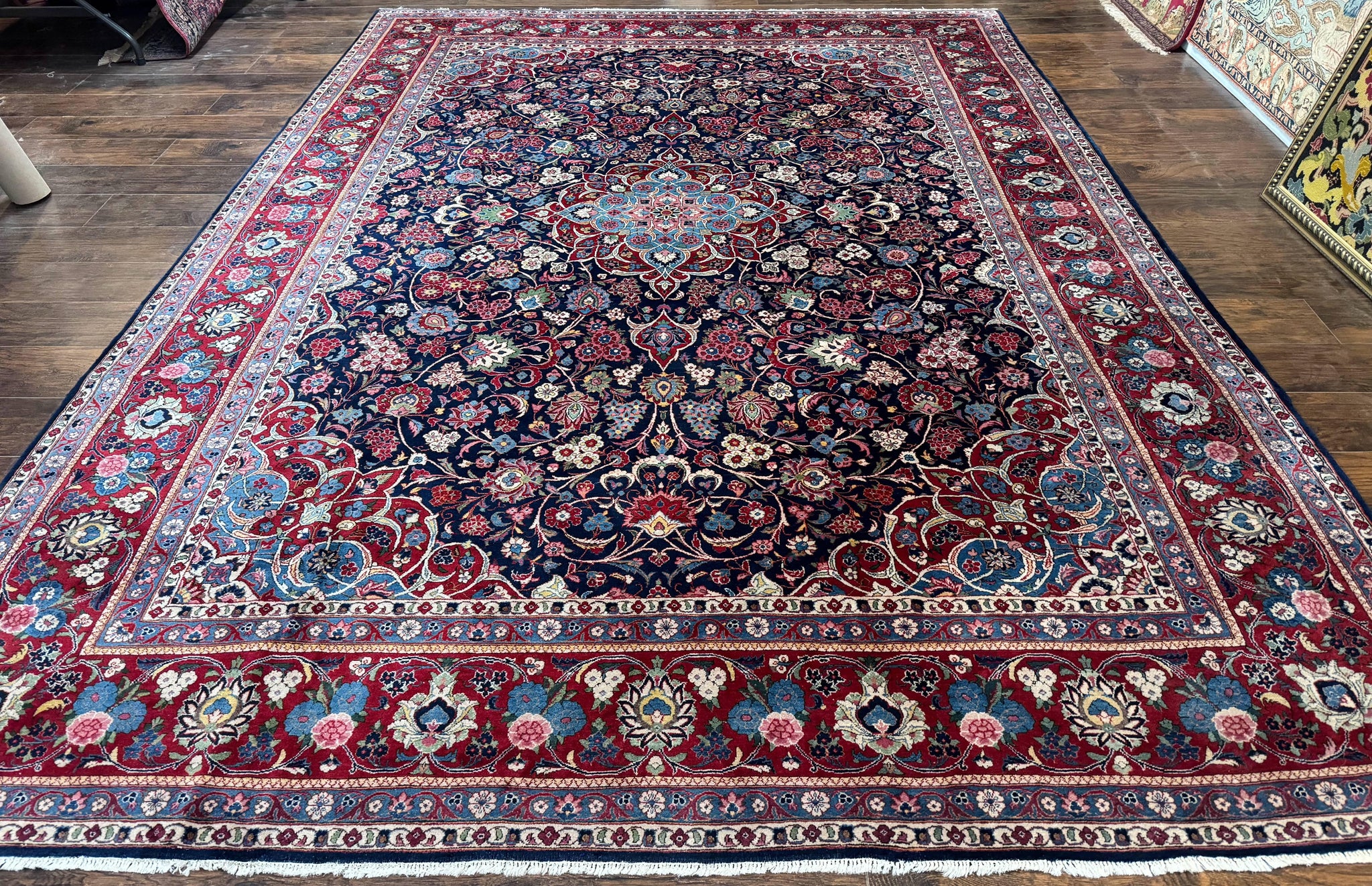 Navy Blue Persian Rug 9x12, Antique Persian Carpet, Kork Wool, 200 KPSI, Persian Kashan Rug by Jewel Rugs