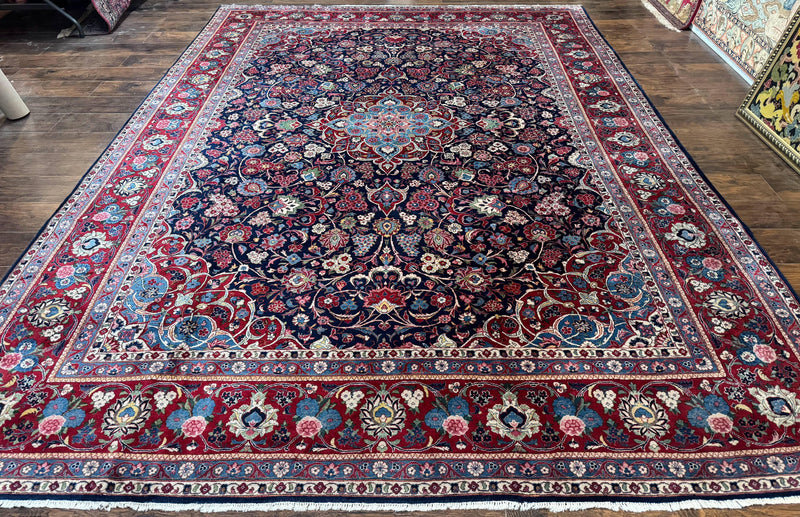 Navy Blue Persian Rug 9x12, Antique Persian Carpet, Kork Wool, 200 KPSI, Persian Kashan Rug by Jewel Rugs