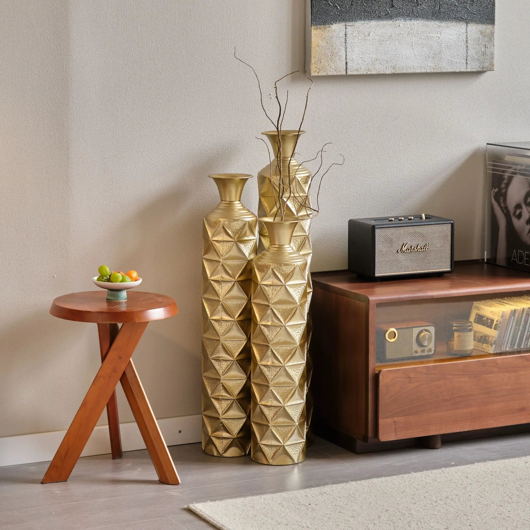 Metal Decorative Vase High Distress Metal Center Vase With 3D Triangle Pattern, (Set of 3) Vases For Home Decoration - Gold by Unique Piece Furniture