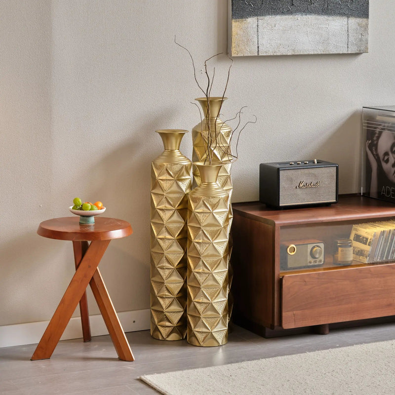 Metal Decorative Vase High Distress Metal Center Vase With 3D Triangle Pattern, (Set of 3) Vases For Home Decoration - Gold by HouseOfZazla