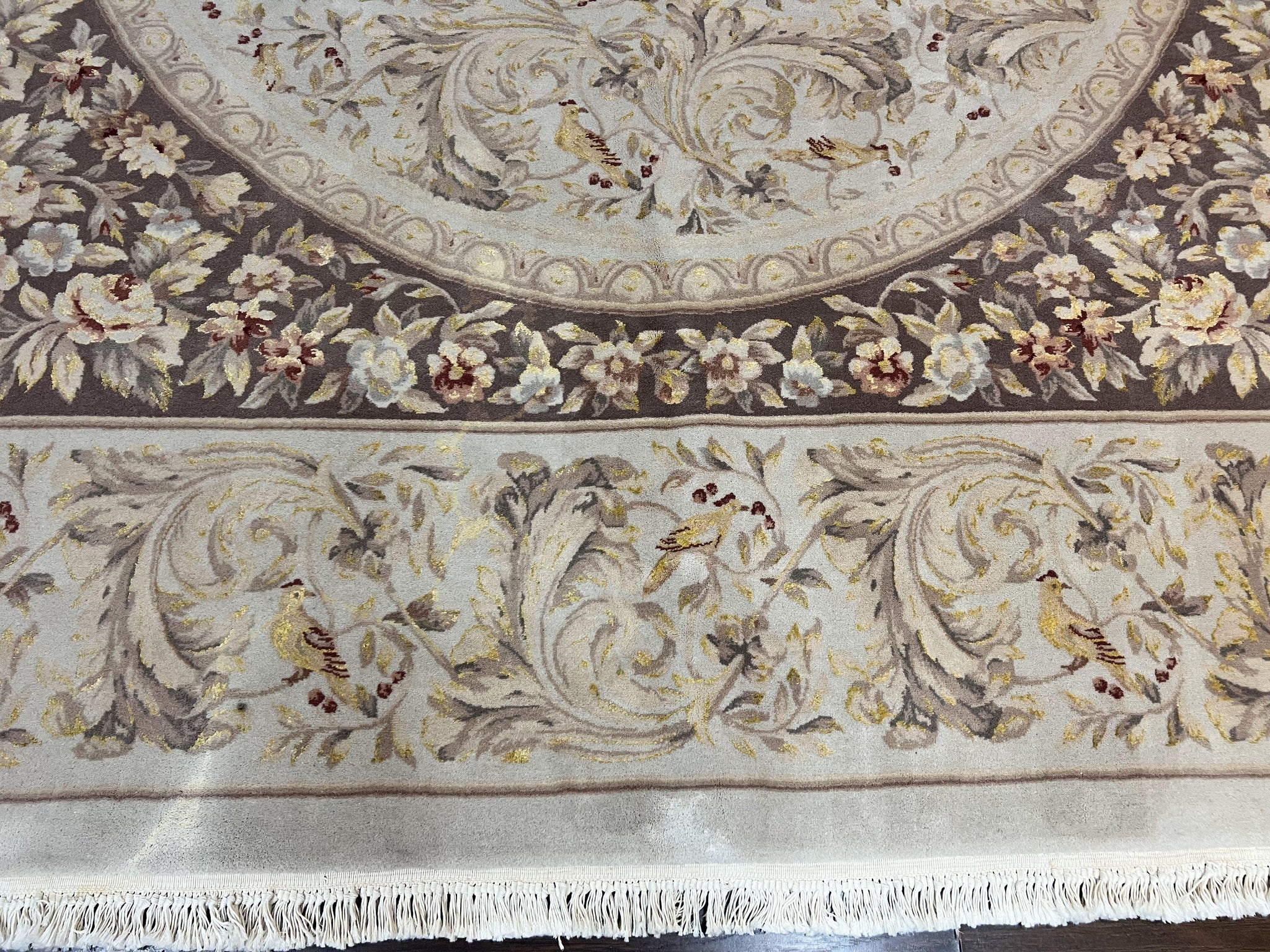 Aubusson Rug 10x14, Wool & Silk Highlights Hand Knotted Vintage Carpet, Birds Flowers, Fine Details, Elegant by Jewel Rugs