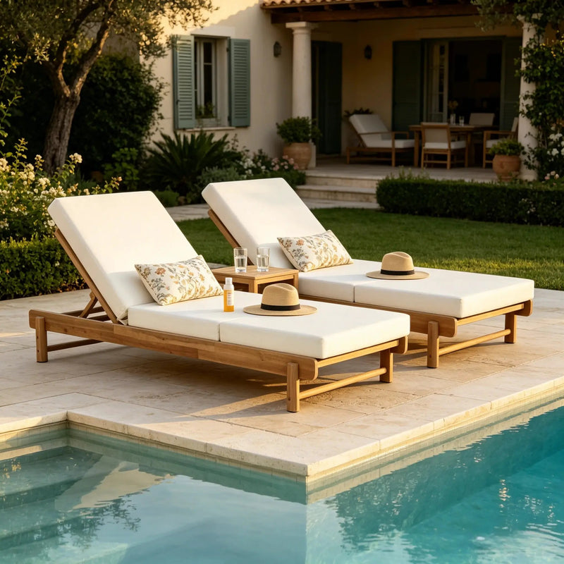 Light Teak Acacia Wood Chaise Lounge Set: 1 Frame + 1 3-Fold by HouseOfZazla