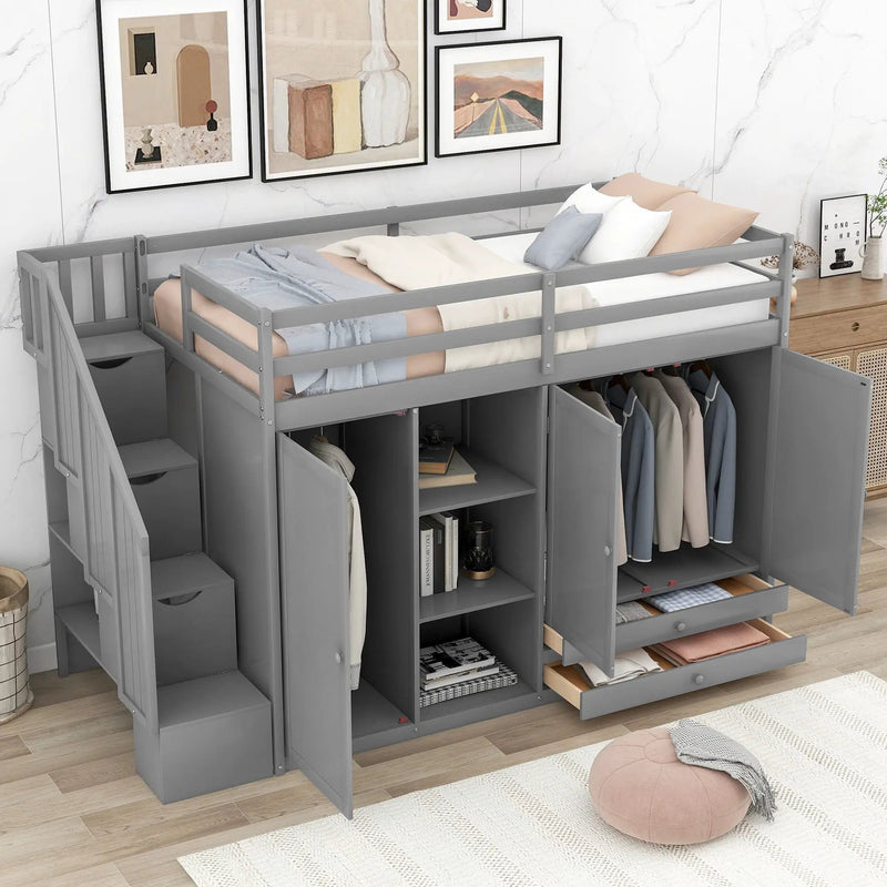 Loft Bed With 3 Shelves, 2 Wardrobes, 2 Drawers, Ladder Storage by Unique Piece Furniture