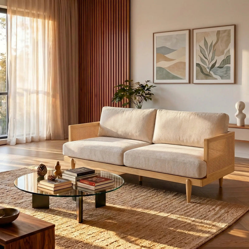 Emir 72" Square Arm 3-Seater Boucle Sofa with Cane Rattan and Wooden Frame by HouseOfZazla