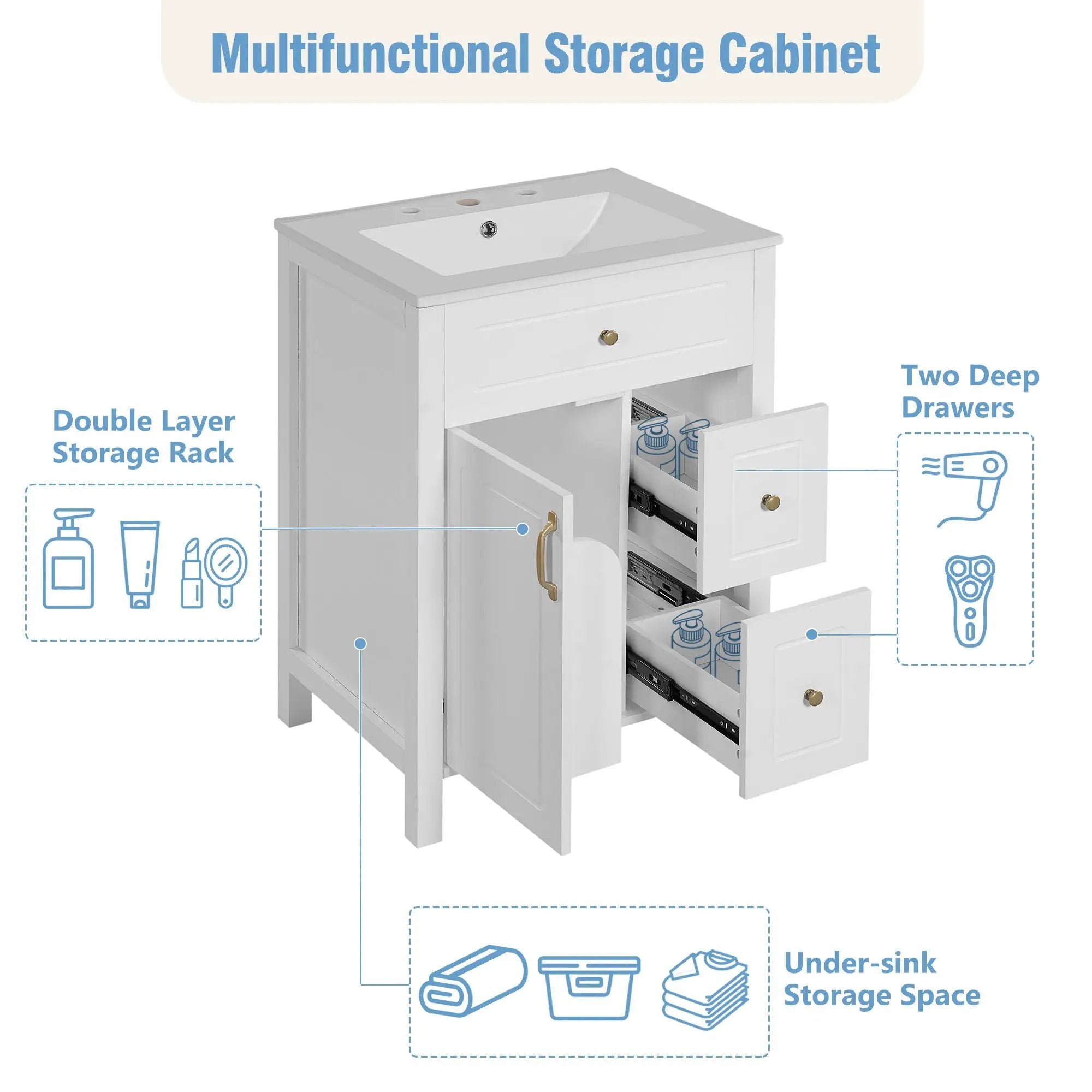 Elegant Bathroom Vanity With Ceramic Sink, Soft Close Doors And Drawers, Double Storage Racks by Unique Piece Furniture