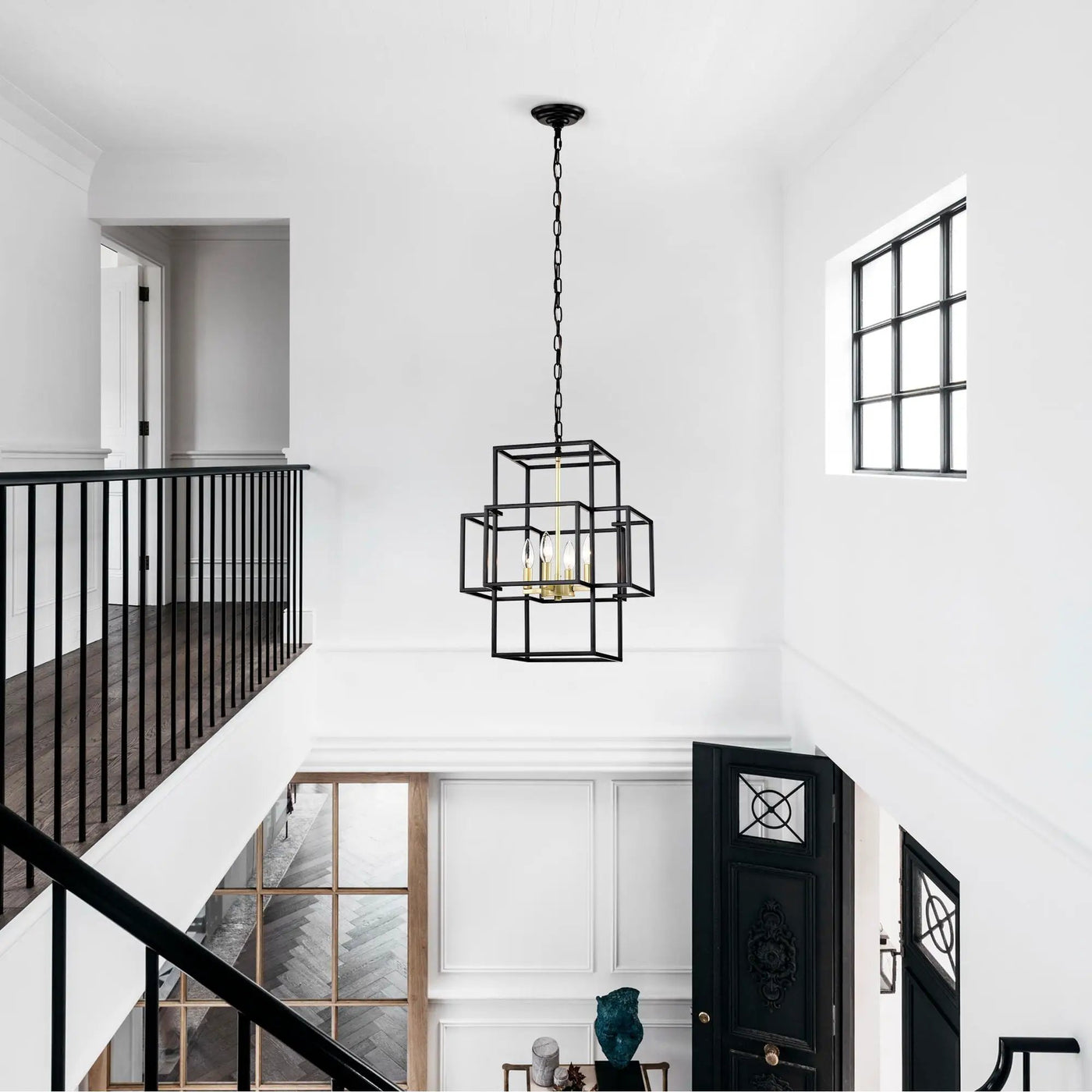 4 Light Metal Lantern Tiered Pendant Hanging Light Fixtures, Industrial Farmhouse Adjustable Height Chandeliers For Dining Room Hallway Foyer Entryway (E12 Bulbs Not Included) by HouseOfZazla