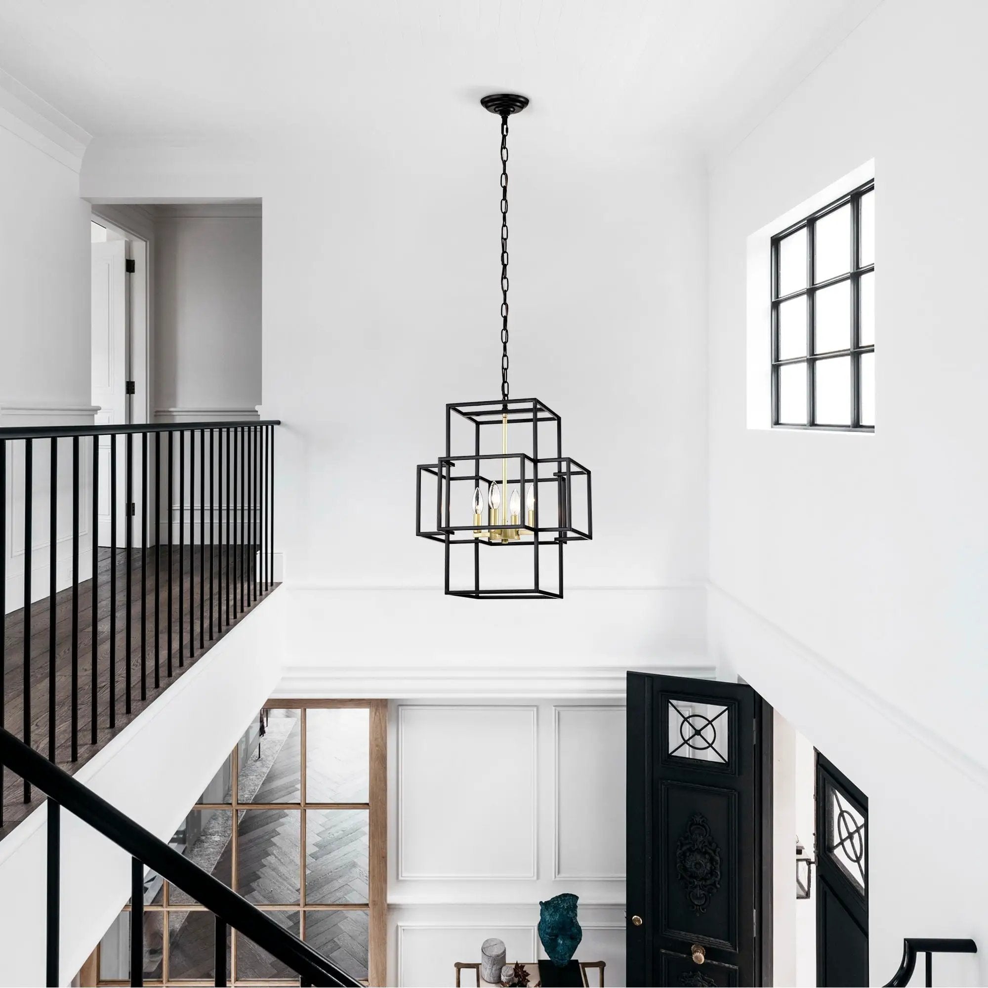 4 Light Metal Lantern Tiered Pendant Hanging Light Fixtures, Industrial Farmhouse Adjustable Height Chandeliers For Dining Room Hallway Foyer Entryway (E12 Bulbs Not Included) by HouseOfZazla