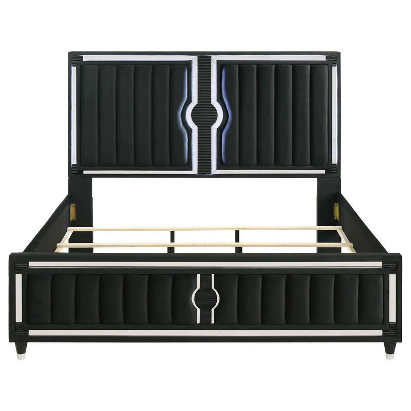 Ravenne Velvet Upholstered Eastern King LED Panel Bed Black by Unique Piece Furniture
