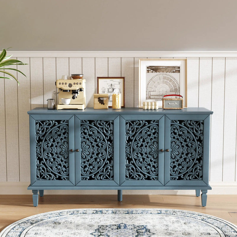 60" Antique Buffet Cabinet with Floral Carvings and Adjustable Shelves by HouseOfZazla