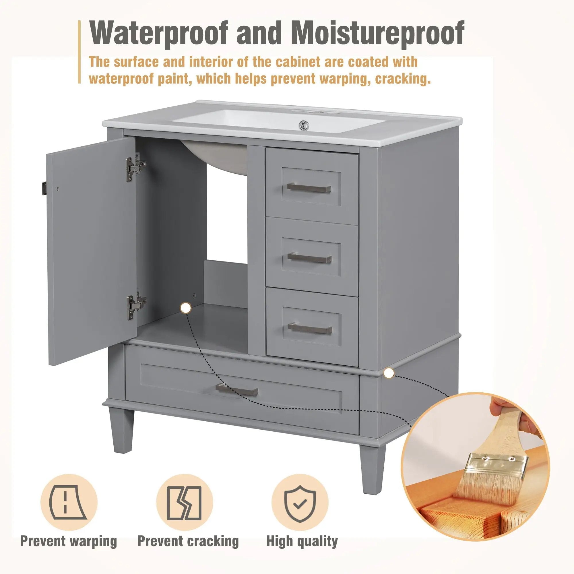Bathroom Vanity, Modern Bathroom Cabinet With Sink Combo Set, Bathroom Storage Cabinet With A Soft Closing Door And 3 Drawers, Solid Wood Frame by Unique Piece Furniture