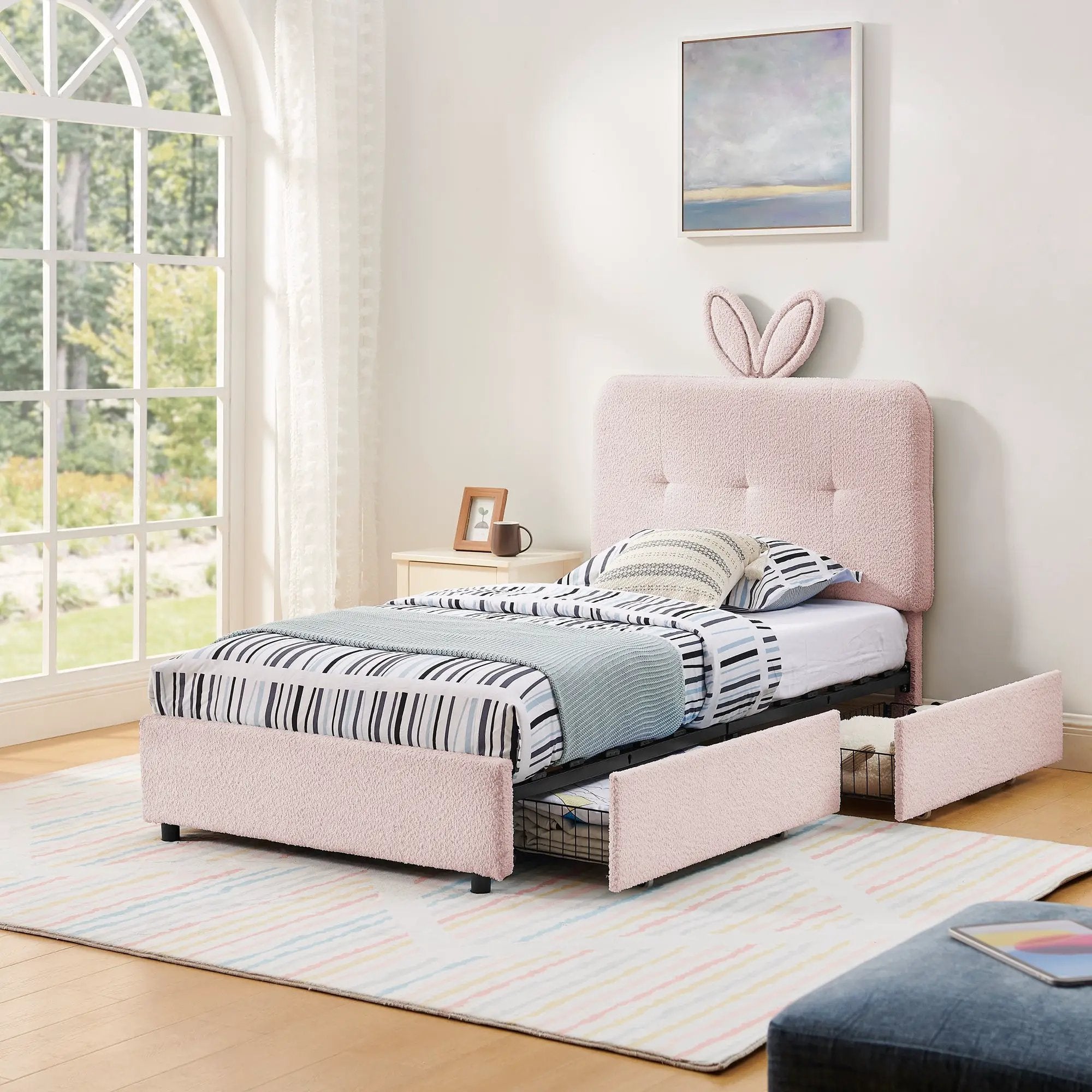 Twin Size Kids Upholstered Bed with Oversized Rabbit Ear Headboard by HouseOfZazla