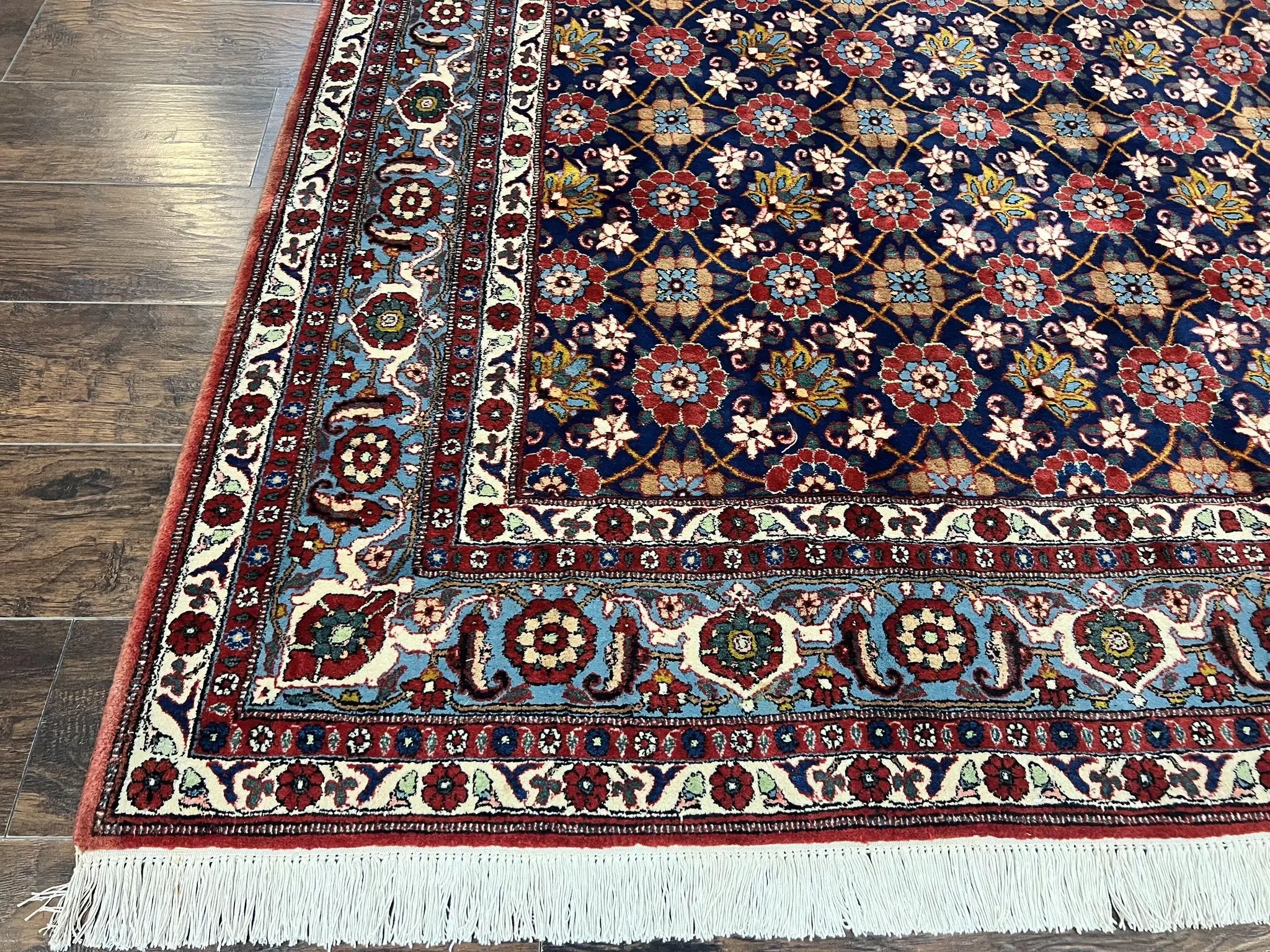 Persian Veramin Rug 7x11, Repeated Allover Pattern, Handmade Vintage Carpet, Navy Blue by Jewel Rugs